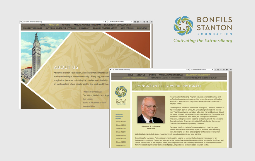Example of Bonfils-Stanton Foundation's old brand presence before Launch conducted a rebranding effort.